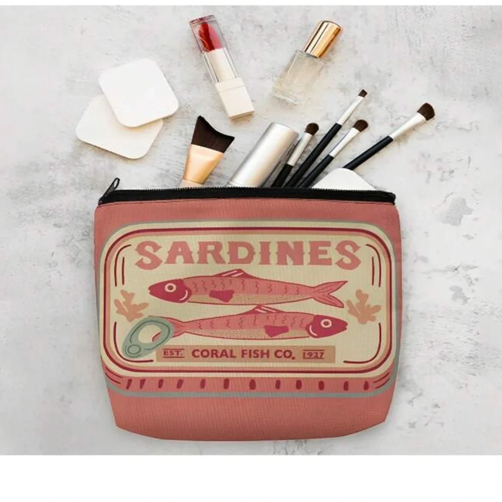 New Pink and Cream Sardines Make Up Carryall Canvas Zip Top Pouch OS - Picture 12 of 15